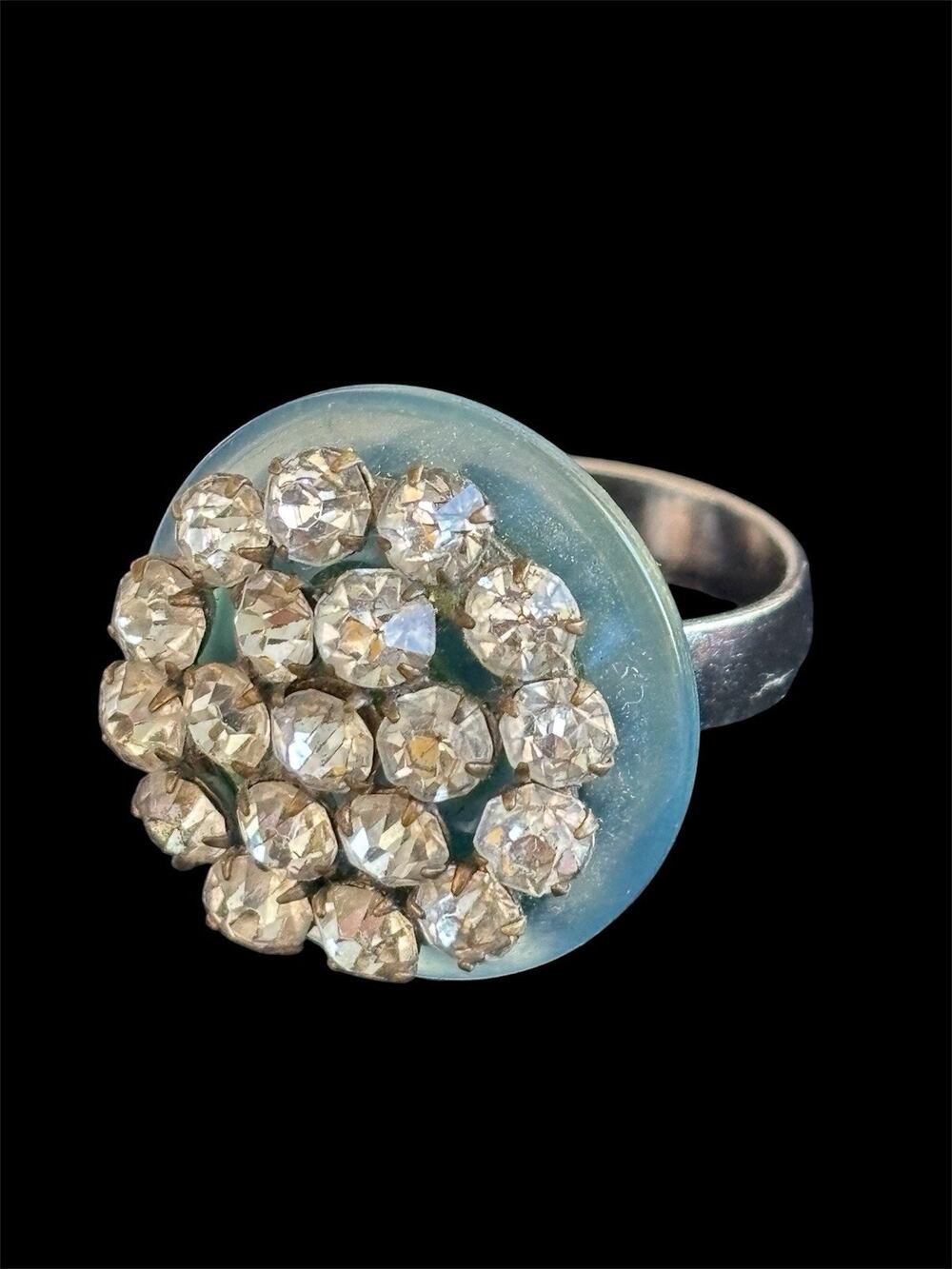 Vtg MCM Blue Button Cocktail Ring Glass Prong Set Rhinestone Sz 7